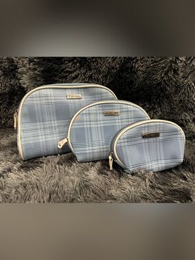 Joan & David Light Blue Plaid Cosmetic Pouch Trio with Cream Trim